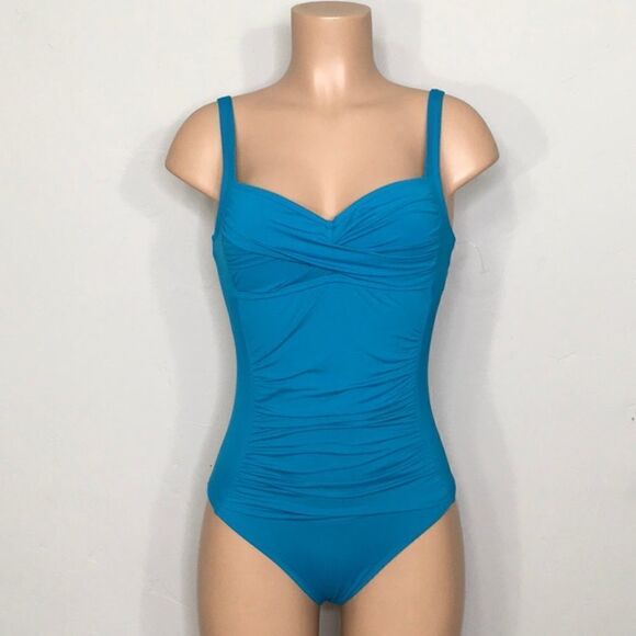 New Liz Claiborne teal ruched swimsuit. - Picture 3 of 12